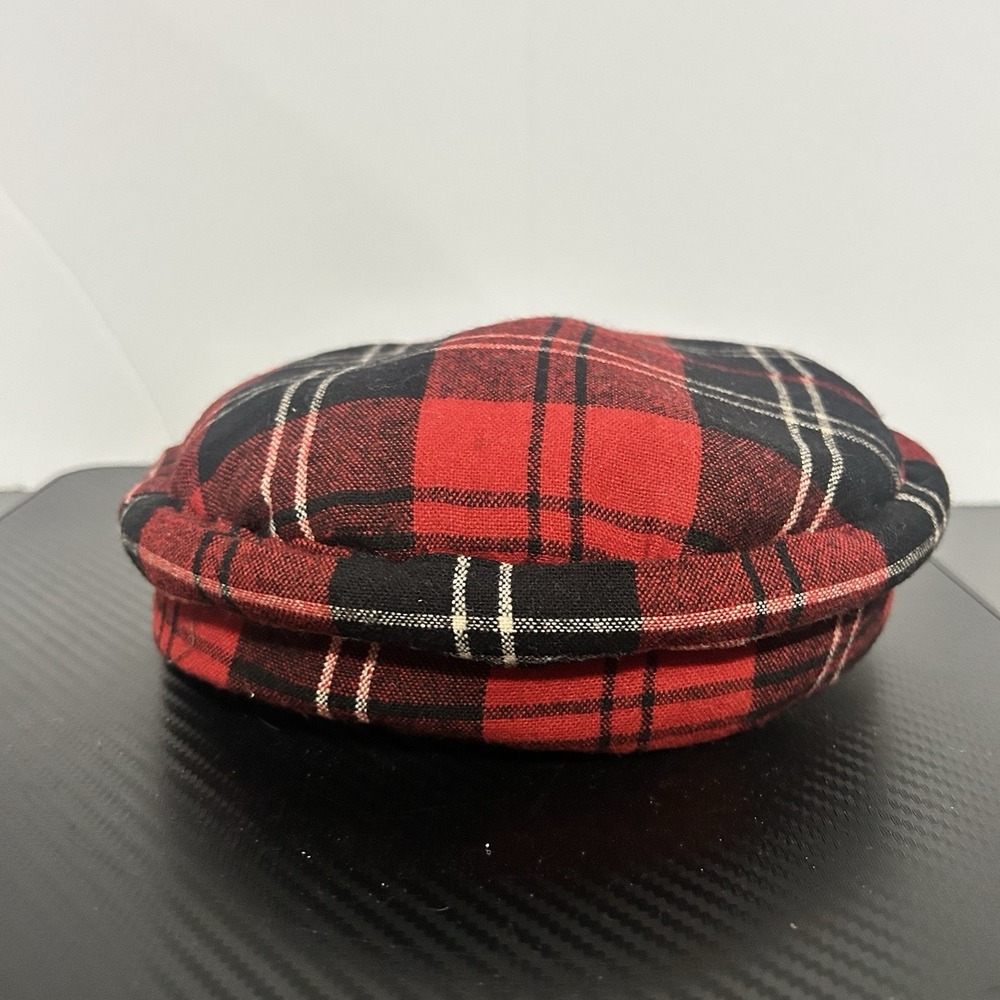 Vintage Flat Structured Cap Tartan Red Black Newsboy Inspired Hat Lined Womens